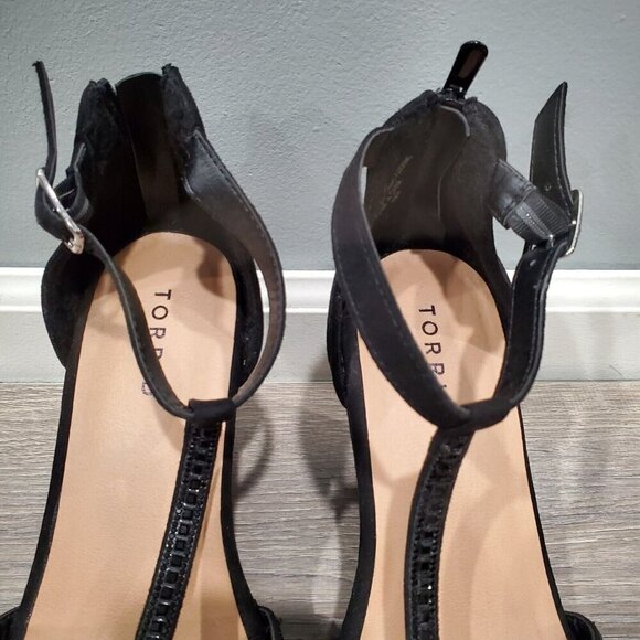 Torrid Women's Sz 10 WW Black Wedge Heels Back Heel Zipper Open Toe Rhinestones - Picture 4 of 15
